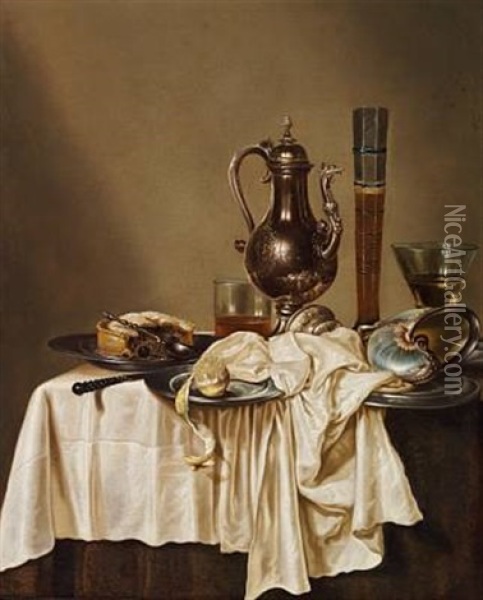Still Life With Jug, Wine Glass And Pie On A Table Oil Painting - Willem Claesz Heda