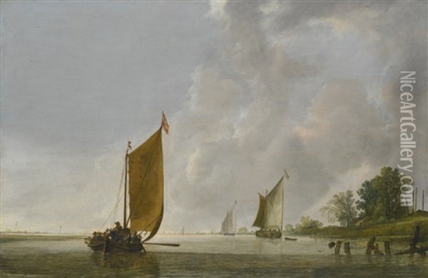 A Calm Estuary At Dawn With A Dutch Kaag Oil Painting - Simon De Vlieger