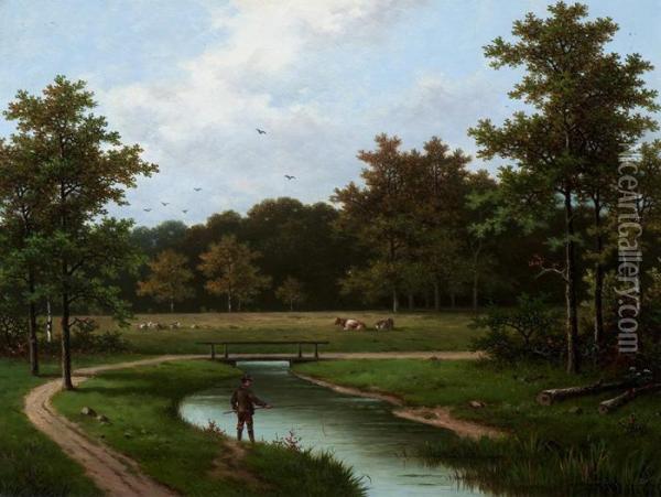 Angler By A Stream Near A Forest Oil Painting - Hendrik Pieter Koekkoek