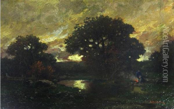 Abendliche Landschaft Mit Weiher Vor Baumgruppe Mit Personen Am Feuer Oil Painting - Adolf Kaufmann