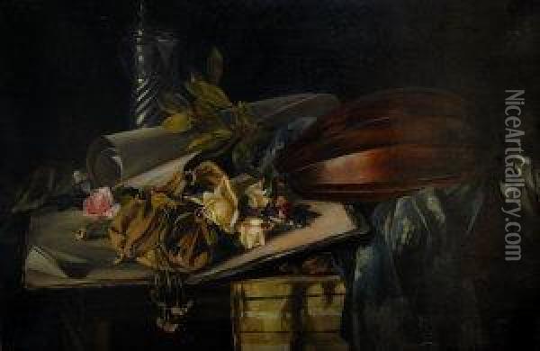 Still Life With A Mandolin, Flagon And Flowers Oil Painting - Bela Benczur