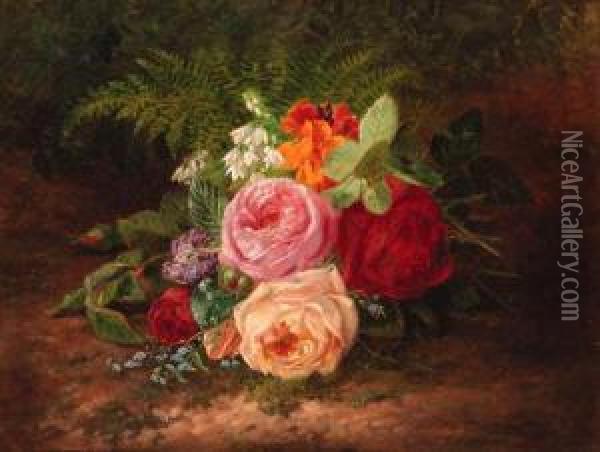 A Flower Still Life With Roses, Forget-me-nots And Indiancress Oil Painting - Francois-Joseph Huygens