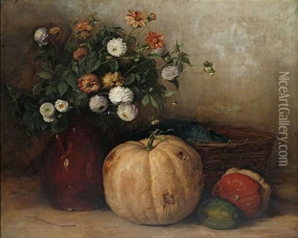 Stilleben Mit Blumen In Einem Tonkrug, Kurbissen Und Weidenkorb Oil Painting - Ludwig Eibl