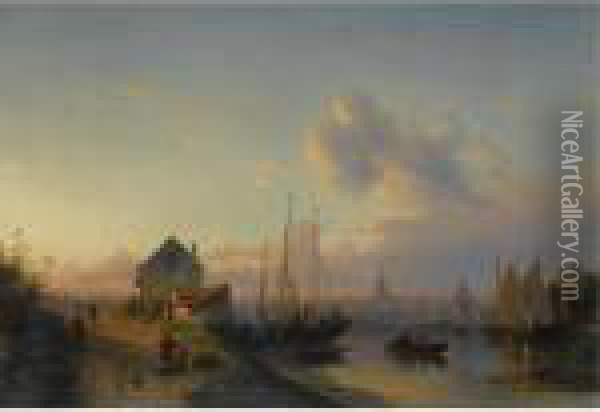 A Riverfront Town At Dusk Oil Painting - Charles Henri Leickert