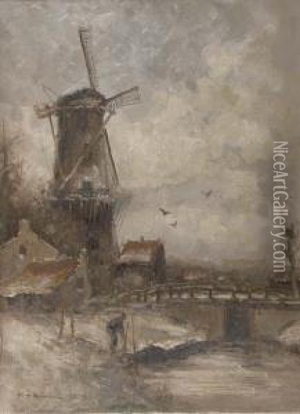 A Windmill By A River In Winter Oil Painting - Cornelis De Bruin
