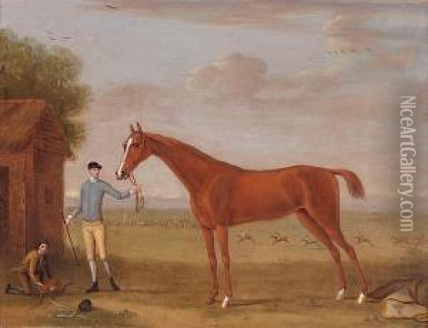 A Chestnut Racehorse With Jockey And Groom, A Steeple Chase Being Run In The Background Oil Painting - Francis Sartorius