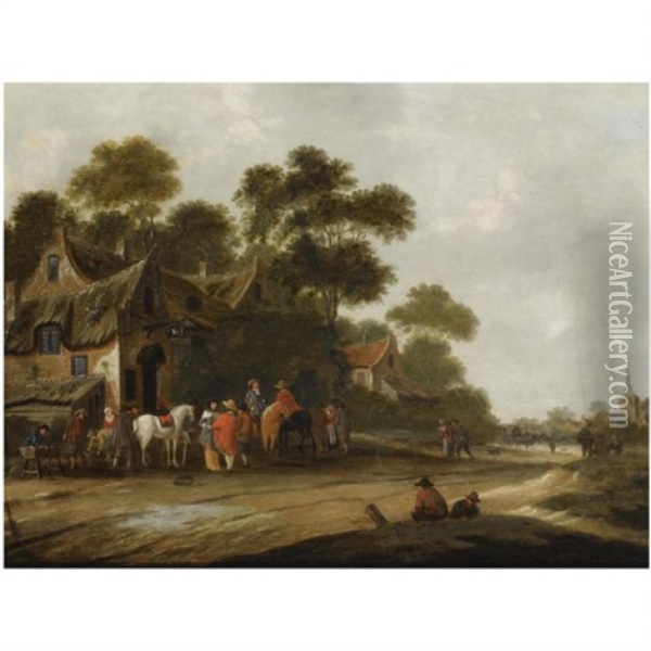 Travellers Resting With Their Horses In Front Of A Tavern In A Village Street, A View Of A Church Beyond Oil Painting - Thomas Heeremans