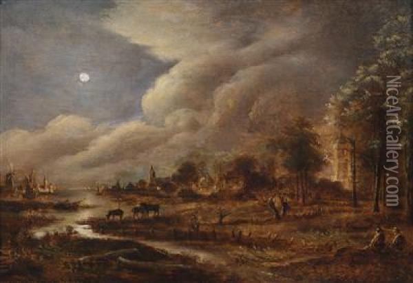 Moonlit River Landscape Oil Painting - Aert van der Neer