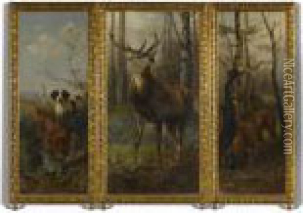A Three-fold Screen Depicting Hunting Scenes Oil Painting - Anton Weinberger