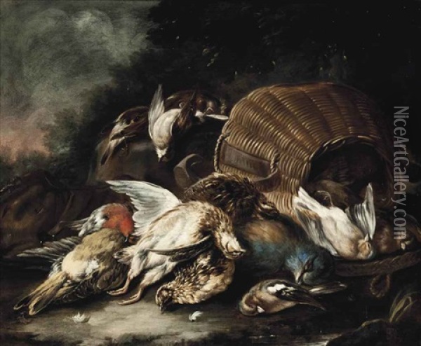 Quail, Finches And A Jay With A Wicker Basket In A Landscape Oil Painting - Baldassare De Caro