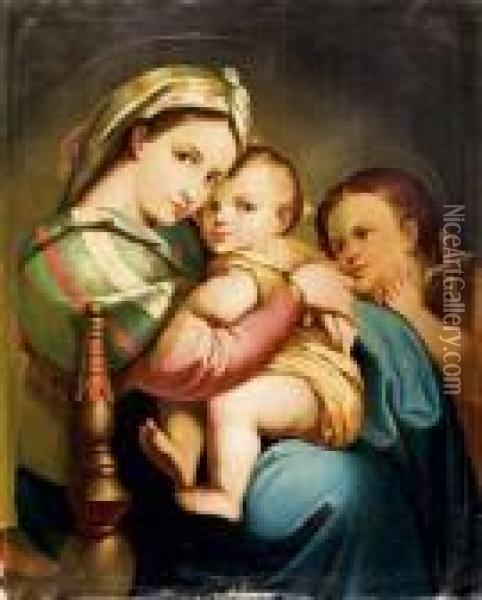 Maria A Gyermek Jezussal Es Keresztelo Szent Janossal Oil Painting - Santi Raffaelo