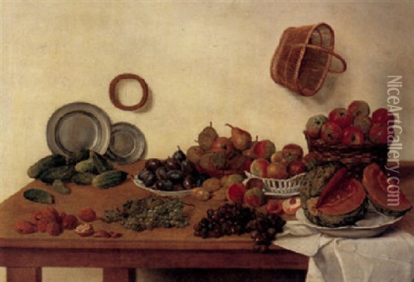 A Kitchen Still Life With Various Fruits And Baskets And On Porcelain Plates, Two Pewter Plates, Nuts And Other Objects, All On A Wooden Table Oil Painting - Jan Josef Horemans the Younger