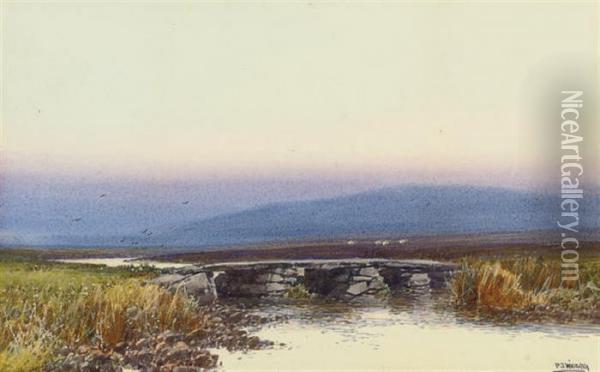 A Clapper Bridge Over The River Teign, Dartmoor Oil Painting - Frederick John Widgery
