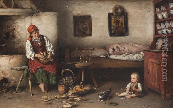 Mutter Mit Kind In Der Stube Oil Painting - Franciszek, Franz Ejsmond