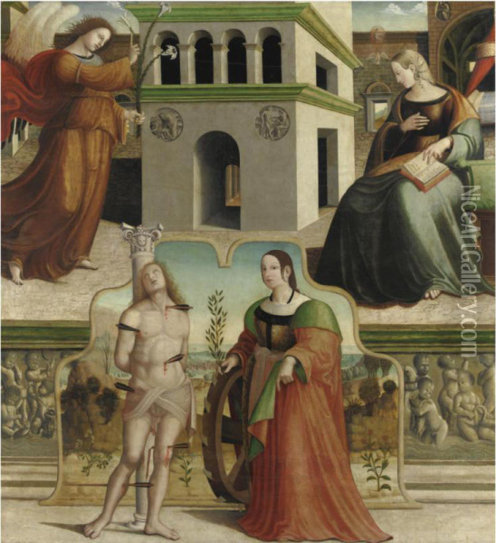 Annunciazione E I Santi Sebastiano E Caterina D'alessandria Oil Painting - Francesco Fantoni