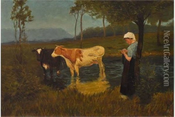 Hirtin Mit Zwei Rindern Oil Painting - Anton Mauve
