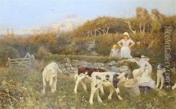 Feeding The Calves Oil Painting - Thomas Lloyd