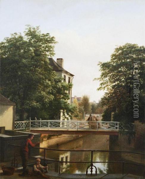 Amsterdam City View With Young Fishermen Near A Bridge Oil Painting - Jean Baptist Kops