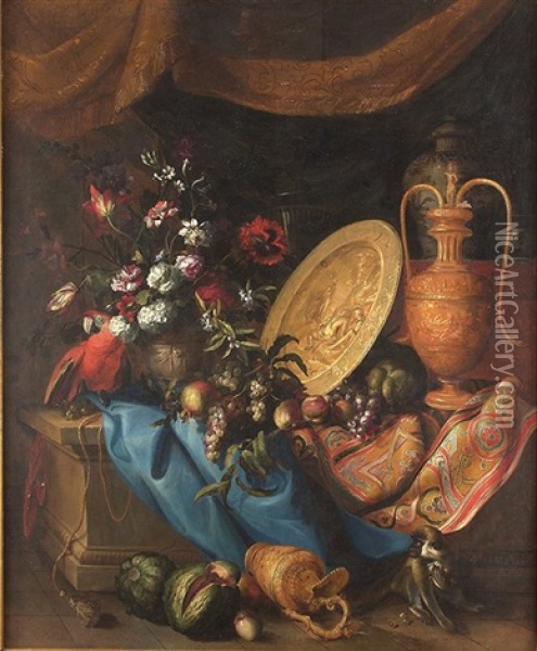 Bodegon De Flores,frutos, Animales Y Objetos Oil Painting - Jean-Baptiste Monnoyer