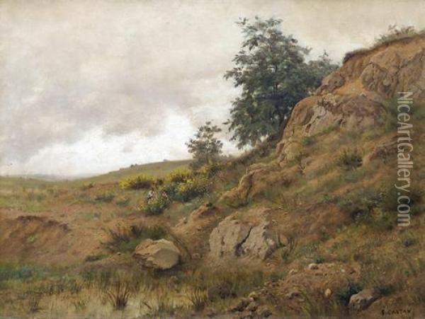 Hugelige Heidelandschaft Mit Zwei Figuren. Oil Painting - Gustave Castan