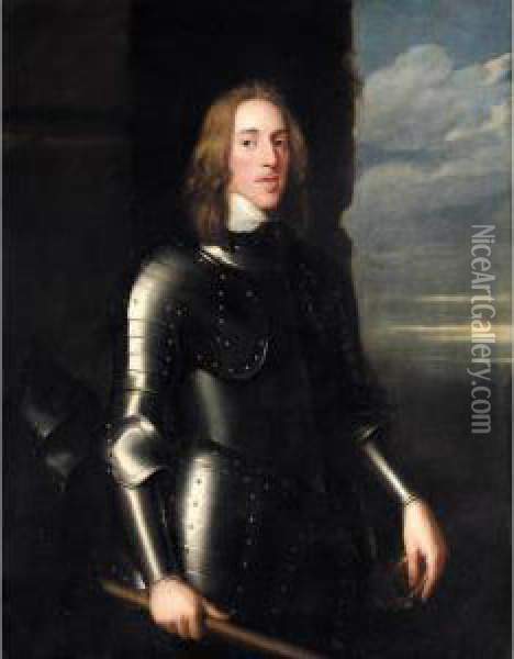 Portrait Of Sir Richard Ingleby,
 Three-quarter Length Standing, Wearing Armour, His Helmet Beside Him, A
 Baton In His Hand Oil Painting - John Hayls