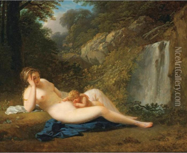 Nymphe Allongee Dans Un Paysage [
 ; Reclining Nymph With A Sleeping Child In A Wood ; Oil On Canvas] Oil Painting - Jacques Antoine Vallin