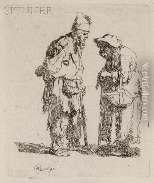 Beggar Man And Woman Conversing Oil Painting - Rembrandt Van Rijn