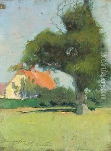 A Sheltering Tree With An Orange-roofed Cottage Beyond Oil Painting - Charles Rollo Peters