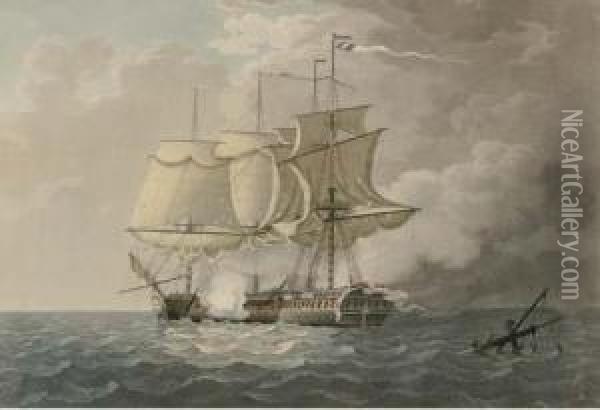 The Action Between Hms Frigate La Nymphe And The French Frigate La Cleopatra Oil Painting - Lieutenant Thomas Yates