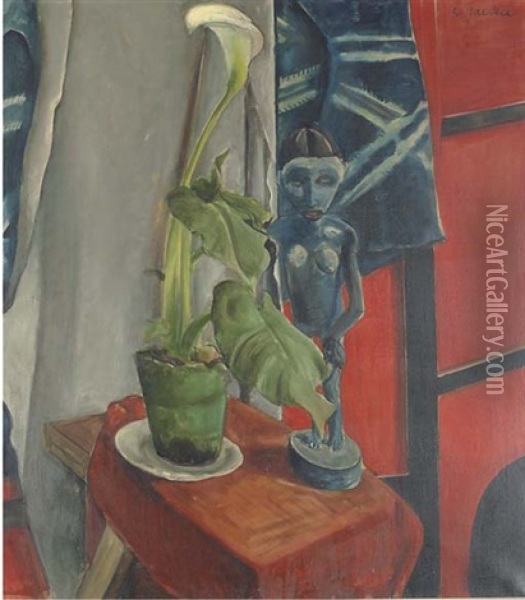 Calla Lilly And An African Sculpture Oil Painting - Willi Jaeckel