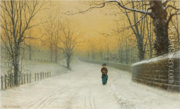 Winter At Stapleton Park, Pontefract Oil Painting - Arthur E. Grimshaw