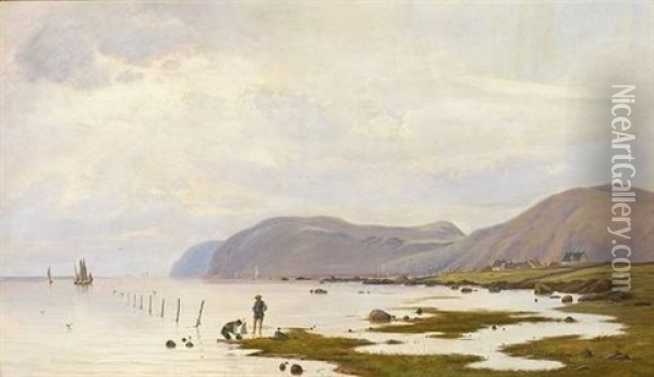 Uferstuck Mit Spielenden Kindern, Kleiner Fischersiedlung Und Booten Oil Painting - Alfred Olsen