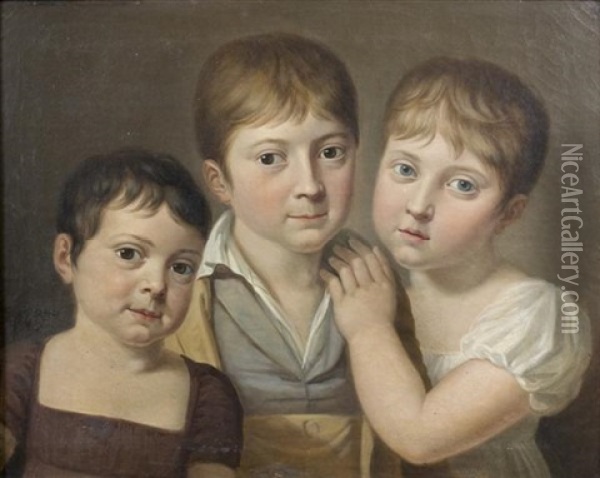 Portrait De Trois Enfants En Buste Oil Painting - Jean Jacques Augustin Raymond Aubert