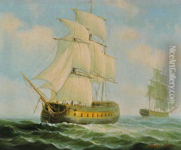 Battleships At Sea Oil Painting - James Hardy