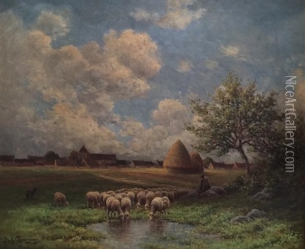 Moutons Pres De L'etang Et Meules De Foin Oil Painting - Paul Chaigneau