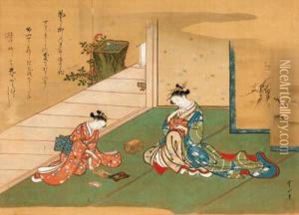 Courtesan Enjoying The Fragrance Of Incense Oil Painting - Kawamata Tsunemasa