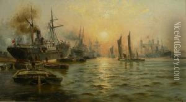 Shipping In The Port Of London Oil Painting - Charles John de Lacy