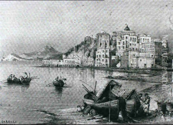 Fishing Boats Off The Coast Of Pozzuoli Oil Painting - Consalvo Carelli