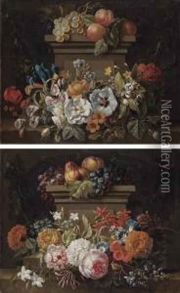 A Swag Of Flowers In A Niche Oil Painting - Gaspar-pieter The Younger Verbruggen