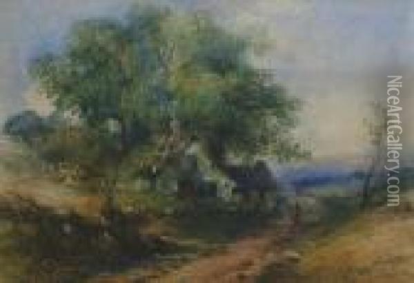 Figures On A Rural Track Beside A Cottage Oil Painting - Thomas Colman Dibdin