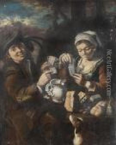 A Young Boy And Girl Seated At A Table Playing Cards Oil Painting - Giacomo Francesco Cipper