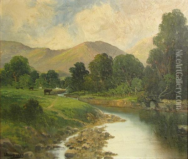 River Landscape With Mountains In Thedistance Oil Painting - John Joseph Englehardt