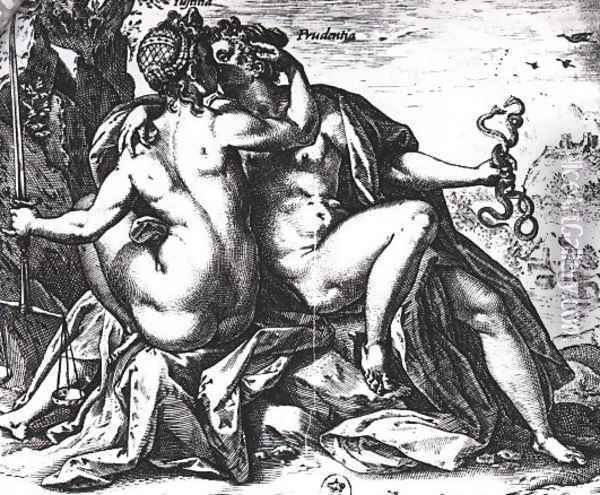 Justice and Prudence kiss each other Oil Painting - Hendrick Goltzius