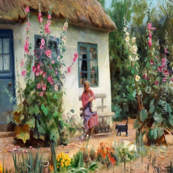 Little Girl In The Garden Oil Painting - Peder Mork Monsted