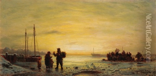 Fischer Auf Zugefrorenem See Bei Sonnenuntergang Oil Painting - Louis Douzette