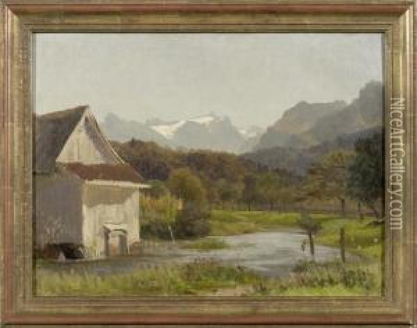 Landscape With A Pond And A Mountain Range Oil Painting - Jost Meyer-Am Rhyn