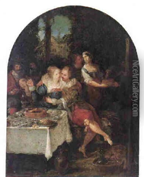 A Couple Embracing At A Table Laden With Oysters And Plates Of Food, Musicians And Servants Beyond Oil Painting - Frans Francken III