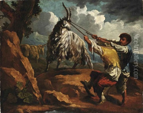 Two Young Men Pulling A Goat Oil Painting - Cajetan Roos