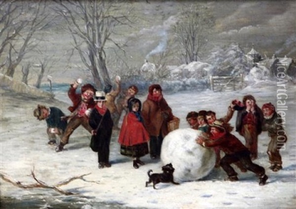 Children Building A Giant Snowball Oil Painting - William Hemsley
