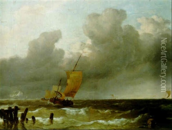 A Sailing Barge Hauling Sails In Choppy Seas Oil Painting - Ludolf Backhuysen the Elder